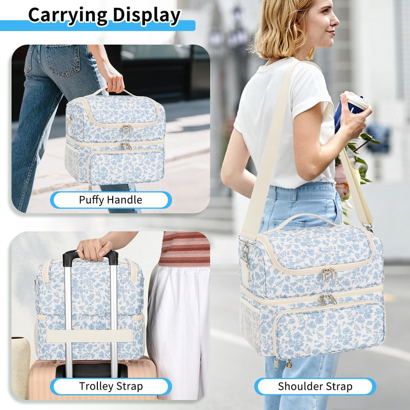 CUBETASTIC Nail Polish Organizer & Storage Bag for 48 Bottles & Full-Size Lamp, Double-Layer Travel Case Box for Nail Supplies, Manicure Kit & Pedicure Tools (Blue Floral, 48 Slots) Blue Floral