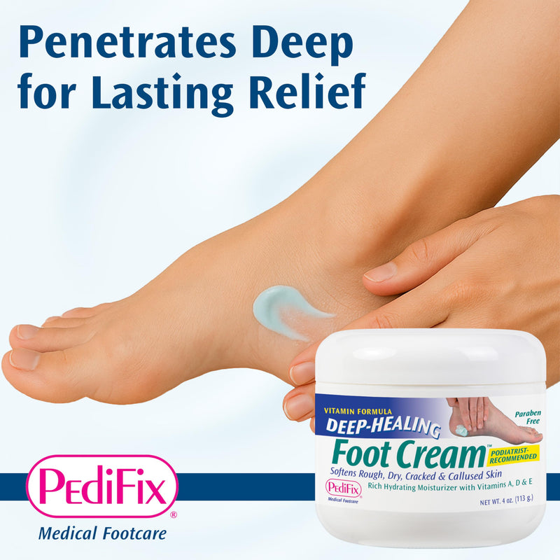 PediFix Deep-Healing Moisturizing Foot Cream, Vitamins A, D & E, 4 oz | Mineral oil and vitamins A, D and E moisturize dry feet and cracked heels. Concentrated cream absorbs without greasy residue. 4 Ounce (Pack of 1)