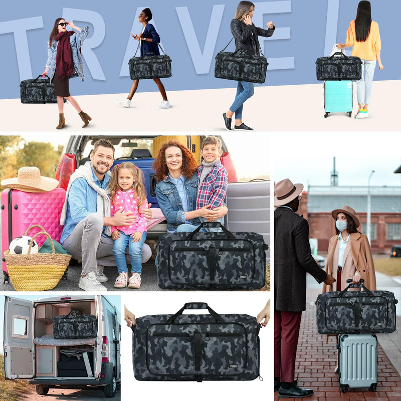 65L Duffle Bag Foldable Travel Duffel Bags for Men Women Travel Bag | Shoes Compartment, 65L Large Capacity, Foldable, Packable, Water Repellent, Tear Resistant, for Traveling Gym Overnight Camp Glossy BlackCamo