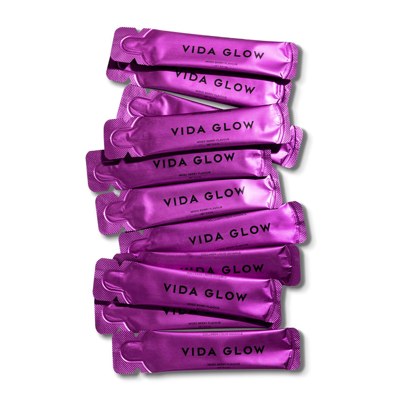 Vida Glow Collagen Liquid Advance, Double Dosage of Natural Marine Collagen & Added Antioxidant Complex to Address Skin Ageing, Ready-to-Consume Liquid Collagen, Delicious Mixed Berry Flavour.