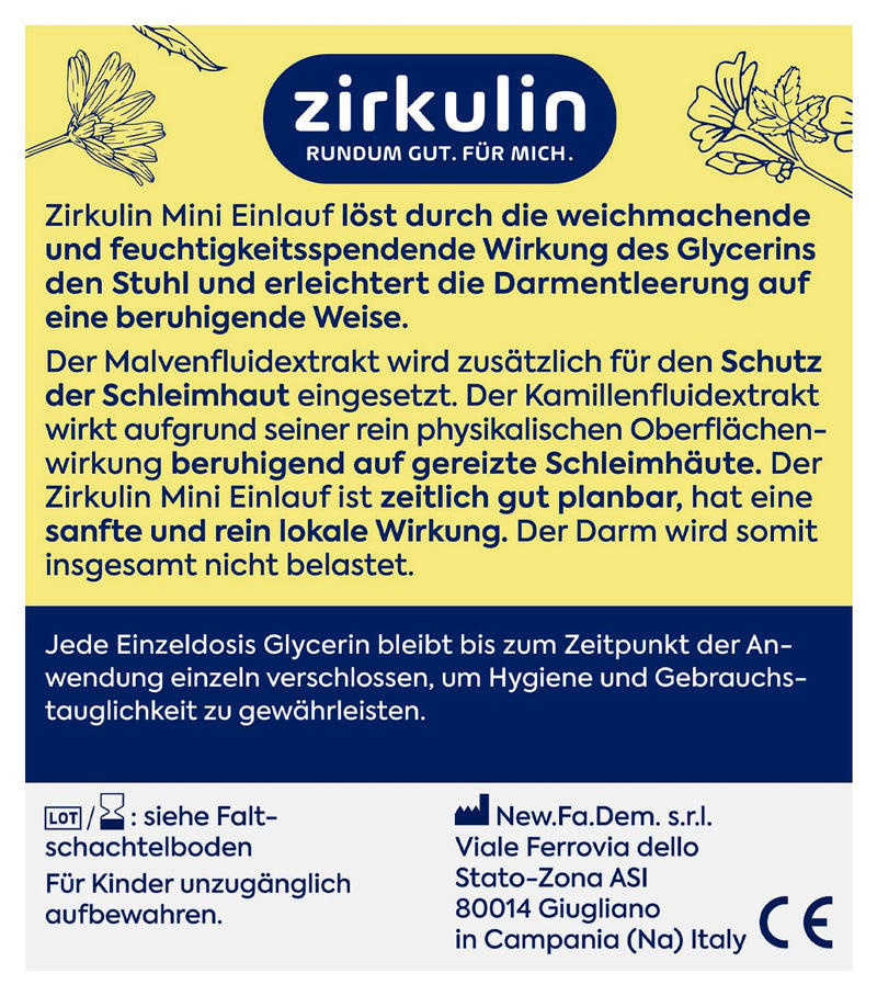 [Australia] - Zirkulin mini enema, enema for mild to moderate constipation, with glycerin, chamomile and mallow, stimulates intestinal emptying, 1 x 6 microenemas of 9g each, 6 pieces (pack of 1) 