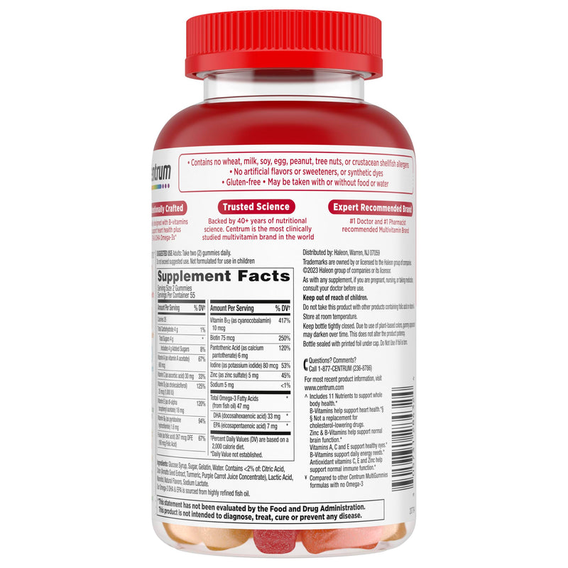 Centrum MultiGummies Multi+ Omega 3, Assorted Fruit Flavors, 110 Count | Supports Heart Health, Normal Brain Function, Eye Health, Daily Energy Needs and Normal Immune Function, GLP-1 Support New 110 Count (Pack of 1)