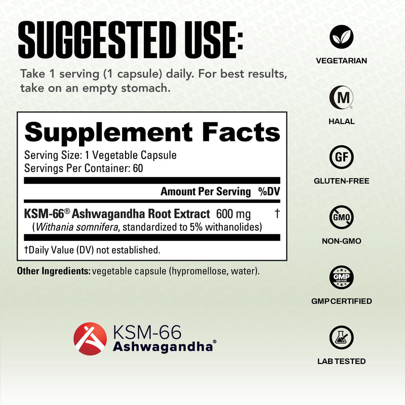 [Australia] - NutraBio Ashwagandha KSM-66 | Ashwaganda Herbal Supplement for Stress, Mood, & Performance | 600 MG of Clinically Studied KSM66 60 Capsules 60 Count (Pack of 1) 