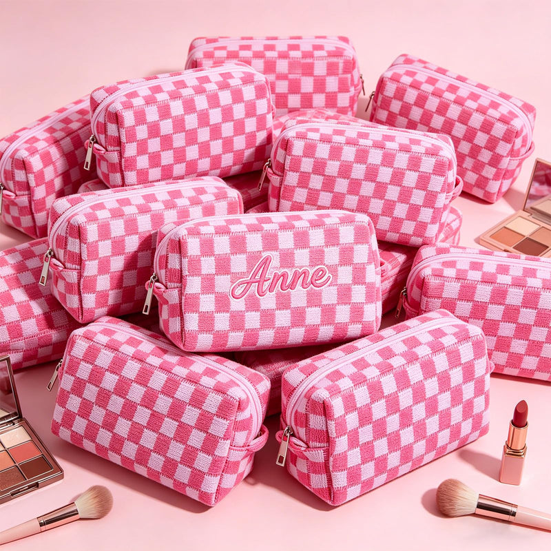 Giesiery 24 Pack Checkered Makeup Bag Bulk Cosmetic Organizer for Women & Teens Preppy Travel Toiletry Pouch for Skincare & Brushes Bridesmaid Proposal Gifts (24, Pink)