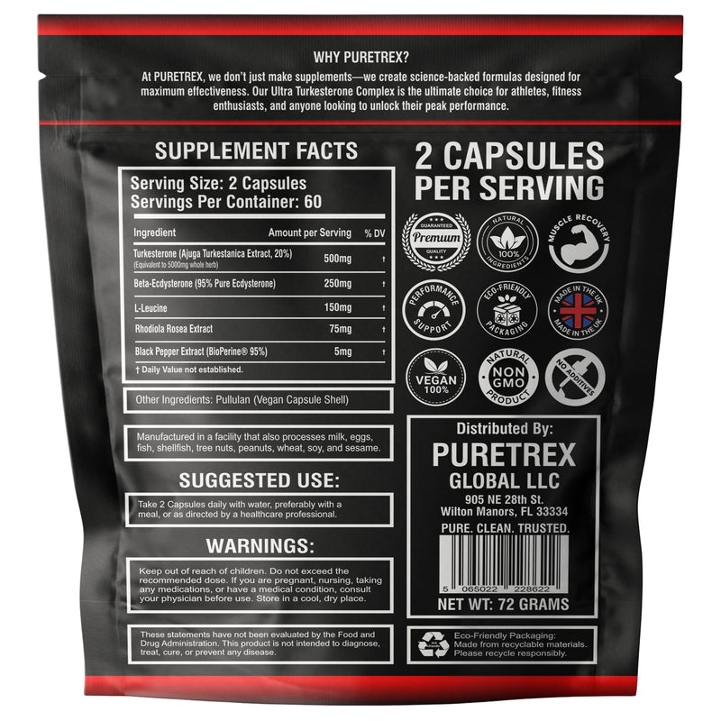 Turkesterone Ultra Complex 5000mg Vegan Capsules, Beta Ecdysterone L Leucine Rhodiola BioPerine, Plant Based Daily Supplement, Clean Non GMO Formula, Made in UK, 120 Capsules