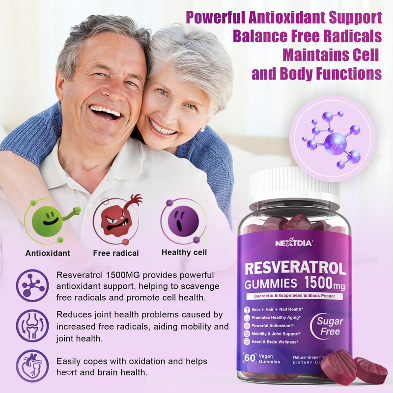 [Australia] - Resveratrol Gummies 1500mg - Sugar Free Resveratrol Supplement with Quercetin, Grape Seed, Acai Berries Extracts Support Antioxidant, Healthy Aging & longevity, Skin, Joint, Brain Wellness - Vegan 60 Count (Pack of 2) 