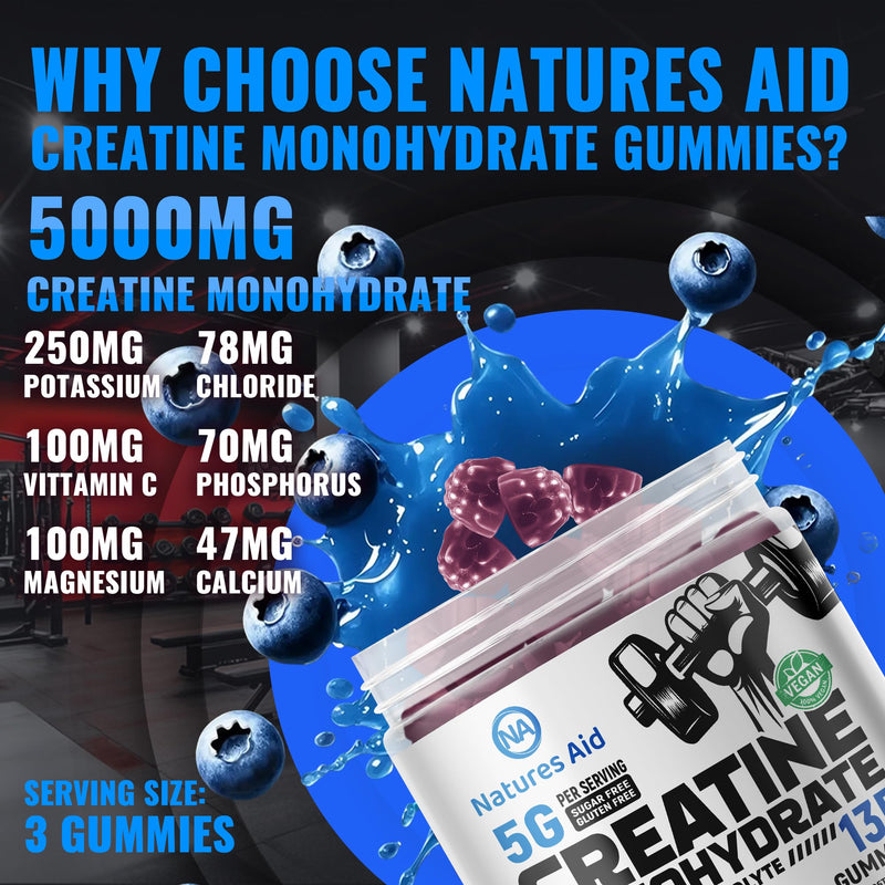 [Australia] - Creatine Monohydrate Gummies (5g) ‚Äì Pre-Workout Energy & Muscle Growth Support for Men & Women | Blueberry Electrolyte Gummies (135 Count) 135 Count (Pack of 1) 