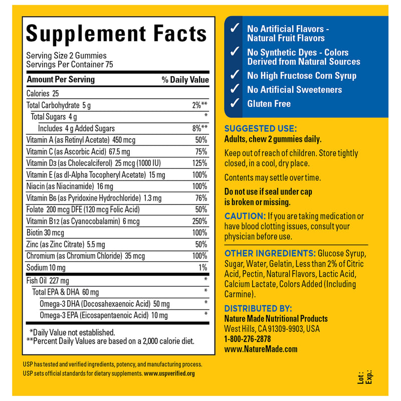 Nature Made Mens Multivitamin Gummies with Omega-3, 150 Count | Vitamins and Minerals Gummy with Omega-3, Mens Gummy Multivitamins for Daily Nutritional Support, 75 Day Supply Strawberry, Lemon & Orange 150 Count (Pack of 1)