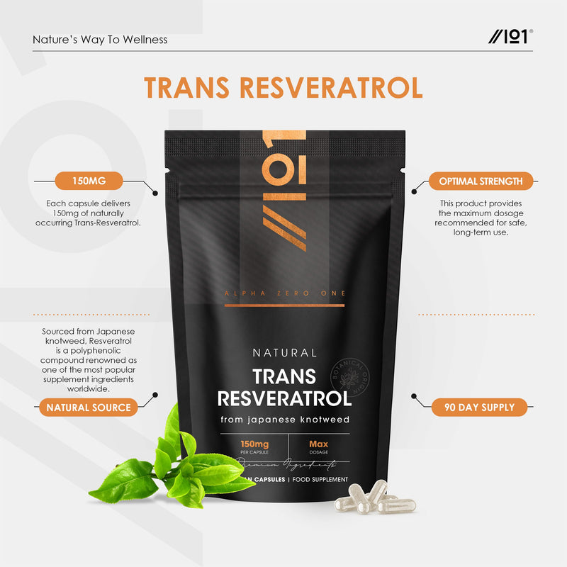 Natural Trans-Resveratrol Max Dosage - 90 Vegan Capsules - from 300mg Japanese Knotweed 50:1 Extract - High Strength Polygonum Cuspidatum Supplement – 3 Months Supply - By Alpha01
