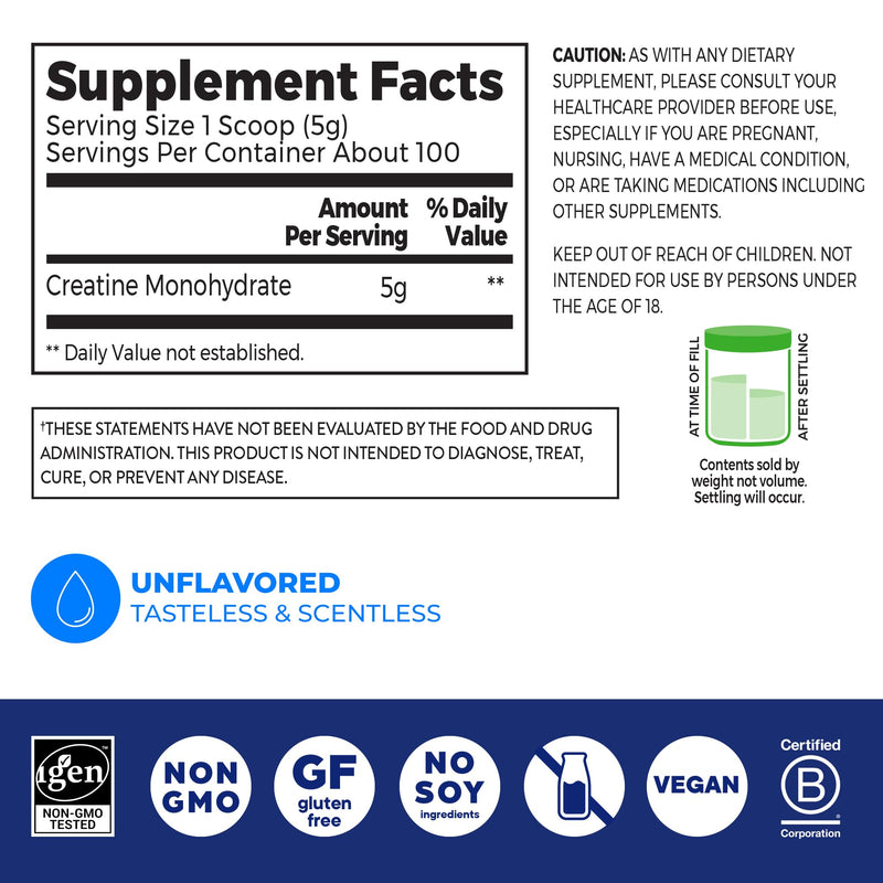 [Australia] - Orgain Creatine Monohydrate Micronized Powder, Unflavored, Supports Muscle Growth, Post Workout Recovery and Brain Health, No Artificial Additives, for Men & Women, Vegan, 100 Servings 