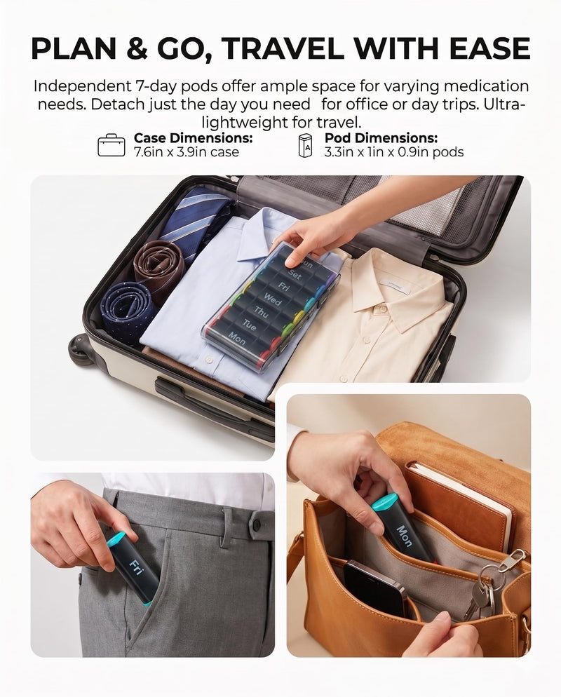CAidRE 7 Day AM PM Weekly Pill Organizer - 2 Times a Day Large Travel Box | Holds Large Fish Oils, Removable Daily Pods for Travel, Soft Easy-Open Lids for Seniors, Durable Water-Resistant Case, Black Black2