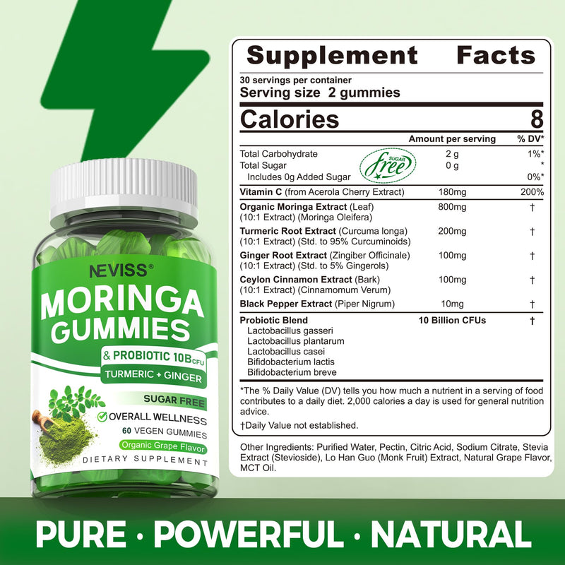 Moringa Gummies for Women Men w/Probiotic Turmeric Ginger Ceylon Cinnamon | Organic Moringa Powder Capsules Alternatives, Pure Moringa Leaves Green Superfood Supplement - Vegan, Sugar Free, 120ct
