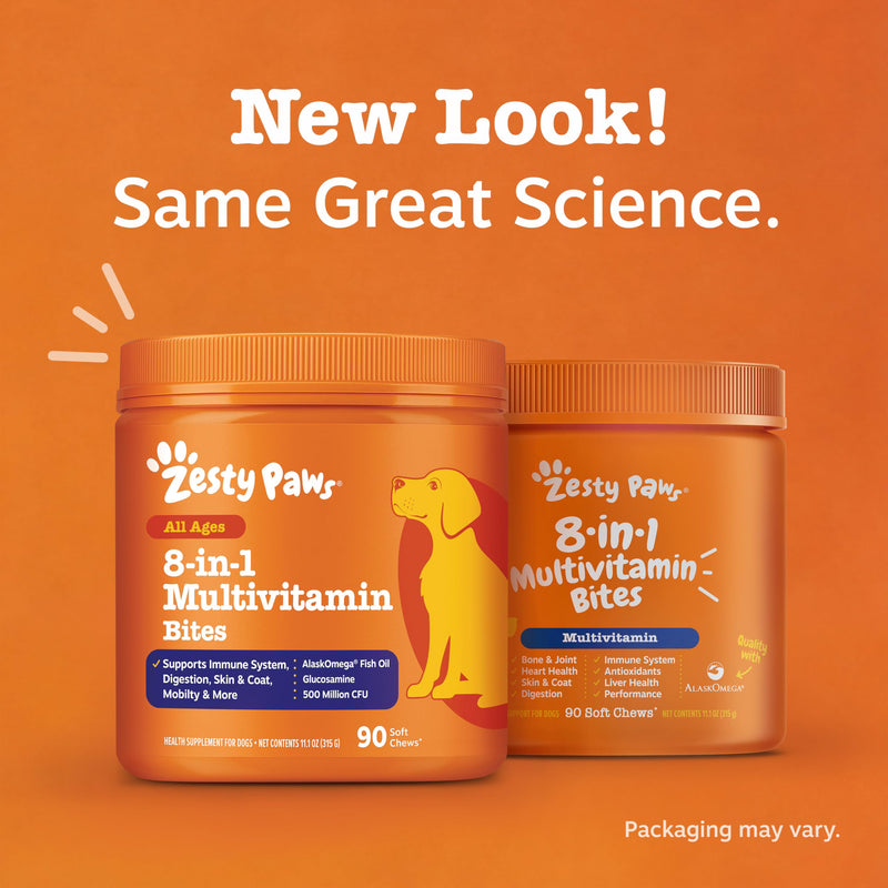Zesty Paws Dog Multivitamin, Chewable Dog Vitamins and Supplements for Hip & Joints, Skin & Coat, Omega 3 Fish Oil for Dogs- Senior & Puppy Multivitamin- Chicken- 90ct Chicken - 8-in-1 90 Count (Pack of 1)