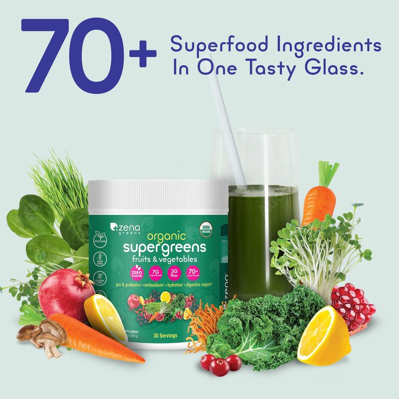 [Australia] - Zena Greens Organic Super Greens Powder | 70+ Superfood Ingredients Drink Mix | 3G Fiber | 0 Sugar | Fruits, Veggies, Herbs, Hydration, Antioxidants, Pre & Probiotics, & Digestive Blends | 30 Servings 