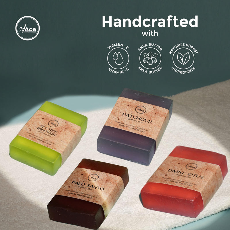 MY ACE Bathing Bar Soap Set of 4 - Tea Tree Rosemary, Patchouli, Divine Lotus & Palo Santo for Skin Cleansing, Moisturizing - SLES Free - Handmade with Shea Butter, Vitamin E for Face, Hair, Body Wash Tree Rosemary, Patchouli, Divine Lotus, Palo Santo
