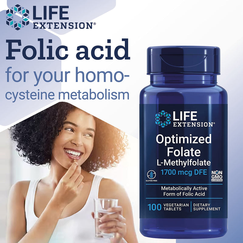 Life Extension Optimised Folate, 5-MTHF, high dose, 100 Vegan Tablets, Vegetarian, Gluten-Free, Soy-Free, Non-GMO