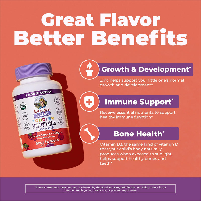 MARYRUTH'S Organic Toddler Multivitamin Gummies, 2 Month Supply, Ages 2+ | Vitamin A, C, D, E, B6, B12, Biotin, Iodine, Zinc, Immunity, Bone & Teeth Health, Skin & Vision Support 60 Count (Pack of 1)