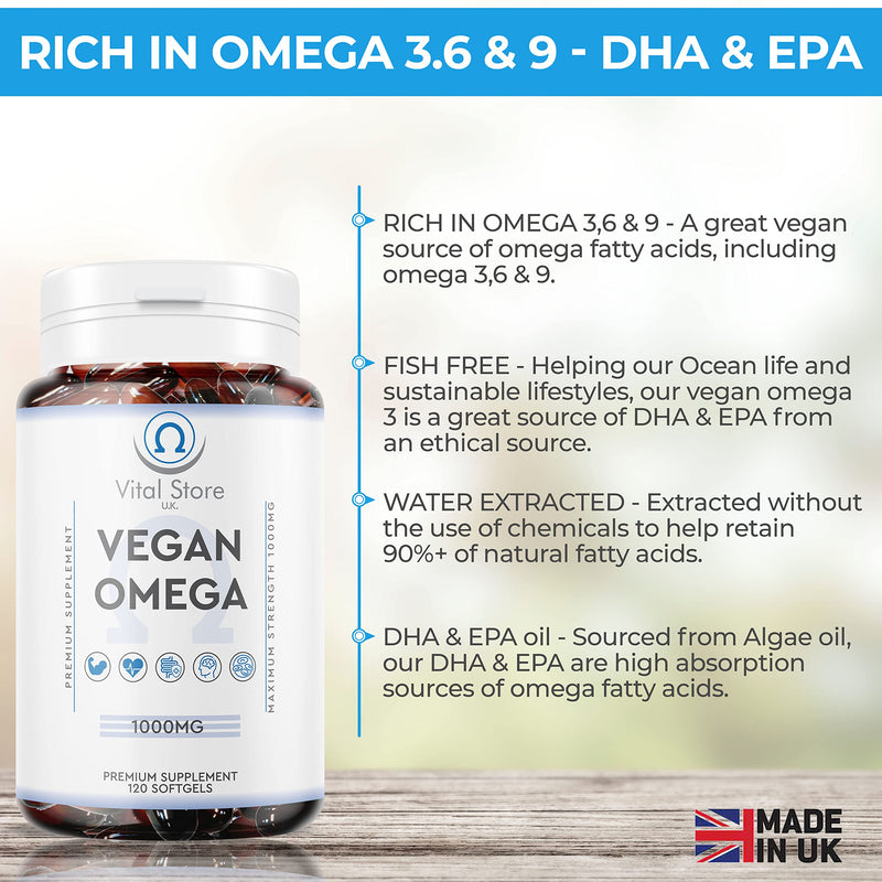 Vegan Omega 3 6 9, DHA & EPA Oil - 1000mg - 4 Month Supply 120 Soft gels - Naturaly sourced Algae Oil - High Strength