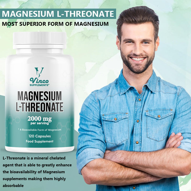 Vinco Magnesium L-Threonate Supplement - 120 High Strength Magnesium L Threonate Capsules - 2000mg Bioavailable Form of Magnesium per Serving - Non-GMO & Gluten Free - Made in The UK White