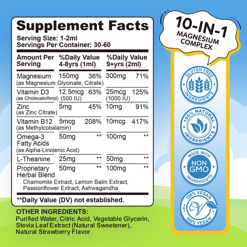 2 Pack Kids Magnesium Liquid Drops - Liquid Magnesium Glycinate for Kids, Citrate Supplement with L-theanine, Omega-3, Vitamin B12, D3 for Sleep, Calm, Relaxation, Brain, Bones, Strawberry 4 Fl Oz 2 Fl Oz (Pack of 2)