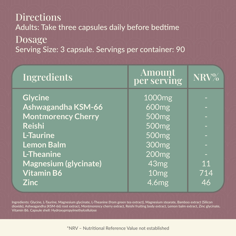 Drift Deeper Sleep Support Capsules – L-Theanine, Glycine, Ashwagandha, Lemon Balm, Reishi, Montmorency Cherry + Magnesium, Zinc & Vitamin B6 – 3 Capsules Daily (30 Day Serving)