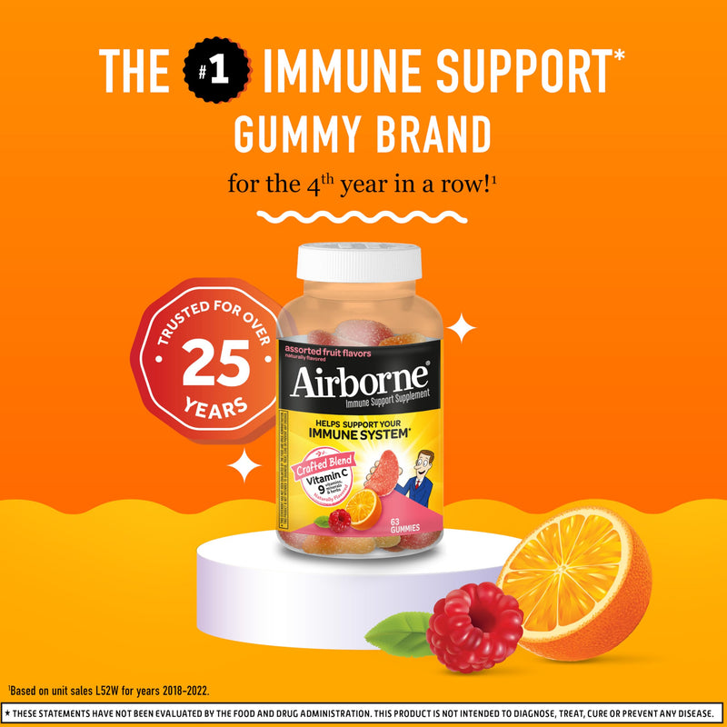 [Australia] - Vitamin C 750mg (per Serving) - Airborne Assorted Fruit Flavored Gummies (63 Count in a Bottle), Gluten-Free Immune Support Supplement with Vitamins A C E, Selenium, Echinacea & Ginger 