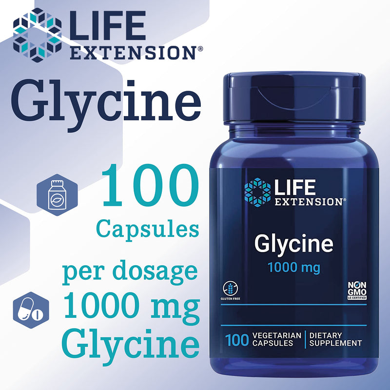 Life Extension, Glycine 1000mg, High-Dose, 100 Vegan Capsules, Laboratory Tested, Gluten-Free, Vegetarian, Soy-Free, Non-GMO, Amino Acid Nutrition, Glycine Supplement