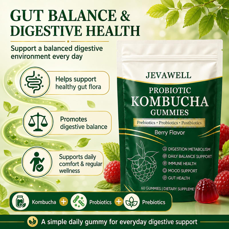 Jevawell Kombucha Gummies, Probiotic Digestive Health Supplement with, Organic Prebiotics, for Gut Health, Immune Boost, and Natural Energy – Vegan, Non-GMO, Gluten-Free, 60 Gummies 1 Ounce (Pack of 1)