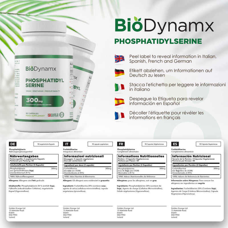 Phosphatidylserine – 300 mg Active PS, 90 Vegan Capsules (45 Day Supply) – High-Strength Brain & Focus Support, Gluten & Dairy Free, Made in UK