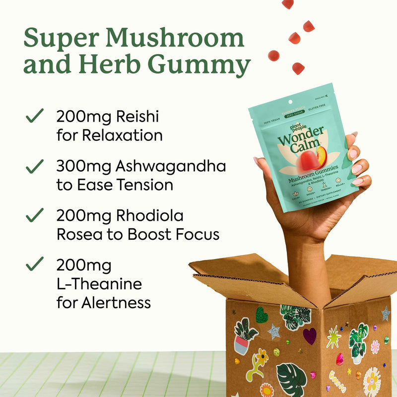 [Australia] - Plant People WonderCalm Mushroom Gummies - Natural Ashwagandha Supplement to Ease Stress & Boost Mood for Adults Without Sugar, Gluten or Artificial Colors, Vegan-Friendly, Peach Flavor, 60 Count 60 Count (Pack of 1) 