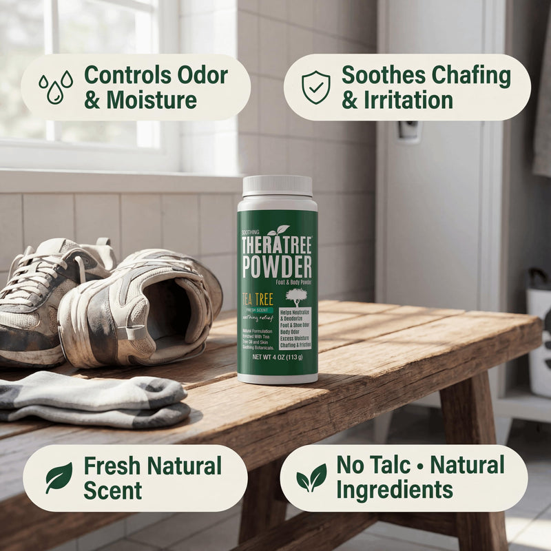 TheraTree Tea Tree Foot Powder, Odor and Sweat, Smelly Feet Deodorizer, 4oz | Oleavine Natural talc-free formula with tea tree, peppermint, and neem deodorizes smelly feet and shoes for men and women