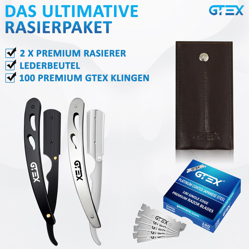 [Australia] - GTEX Razor with 100 Premium GTEX Razor Blades & Leather Case - 2 Men's Razors (Black and Silver) 100 Razor Blades - Straight Razor Razor Men's Ustura Beard Knife Silver and Black 