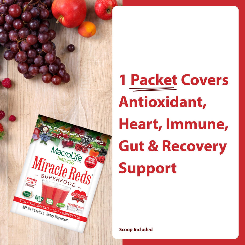 MacroLife Naturals Miracle Reds Superfood Powder, 19 Fruits, 12 Packets | Beet, Blueberry, Elderberry, Acai & Turmeric; Antioxidants & Polyphenols; Raw, Organic; Single-Serve Packets 4 Ounce (Pack of 1)