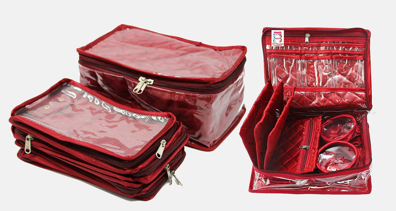 atorakushon Combo Satin Makeup Pouches Vanity Jewellery Traveling Organizer Storage Box Cosmetic carry it along anywhere easily For Women Maroon