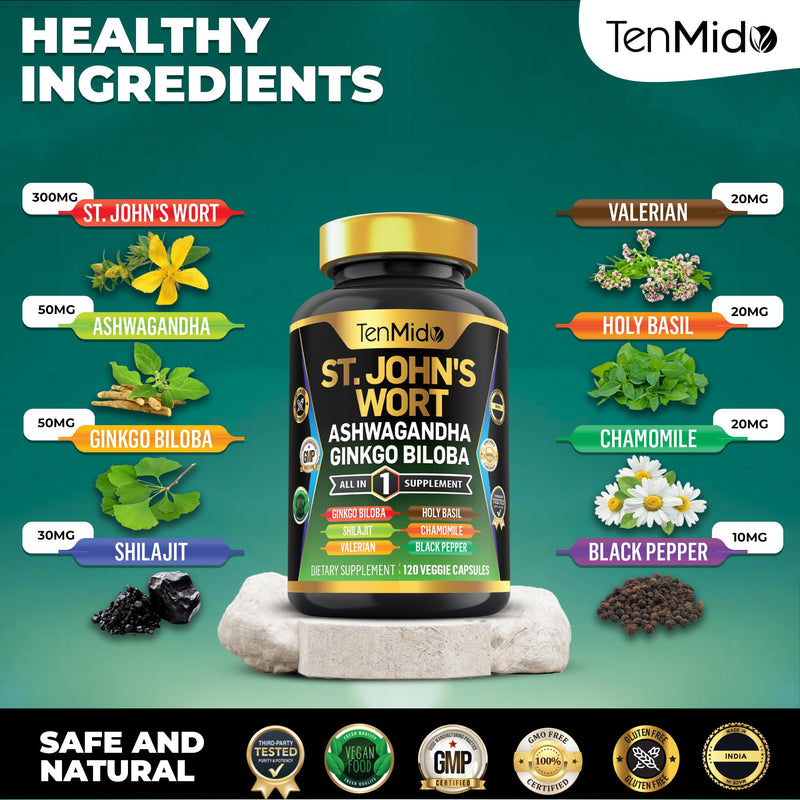 [Australia] - St.John's Wort Supplement - 8in1 Formula - Combine with Ashwagandha, Ginkgo Biloba, Shilajit, Valerian, Holy Basil, Chamomile, and Black Pepper - 120 Vegan Capsules for 4 Months Supply 