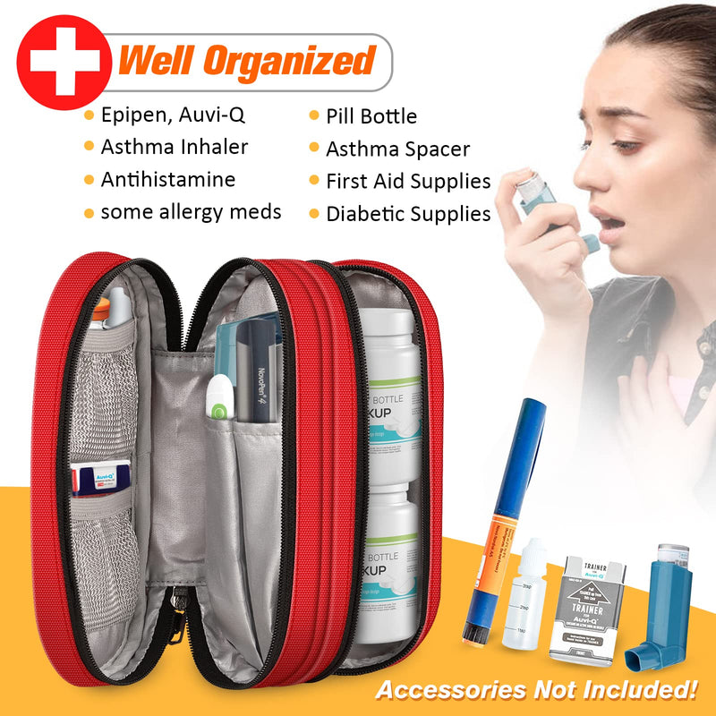 [Australia] - SITHON EpiPen Medical Carrying Case, Portable Double Layer Emergency Bag Insulated Medicine Bag Organizer for 2 EpiPens, Asthma Inhaler, Anti-Histamine, Auvi-Q, Allergy Medicine Essentials Red 