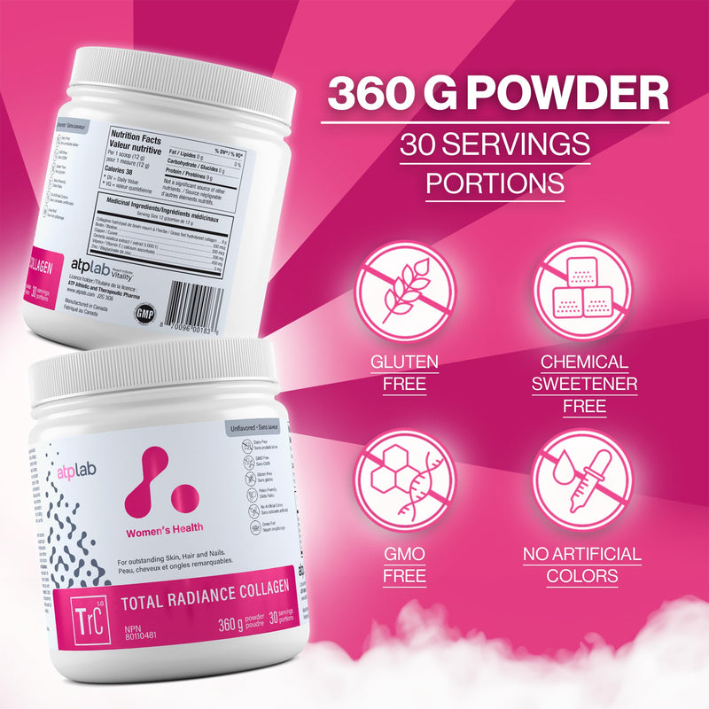 ATP LAB Total Radiance Collagen Powder, Unflavoured, 360g - Premium Hydrolyzed Collagen Peptides for Women - Vegan-Friendly Collagen Protein Powder, Support for Skin, Hair & Nails Unflavored 12.7 Ounce (Pack of 1)