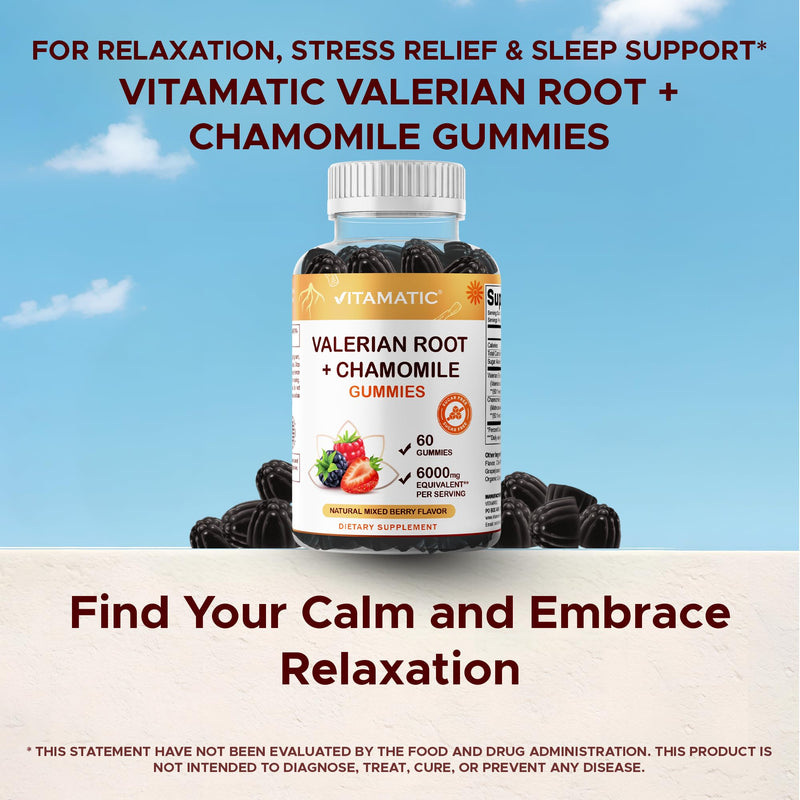 [Australia] - Vitamatic Valerian Root Chamomile Gummies ‚Äì 6000 mg Equivalent Per Serving ‚Äì Mixed Berry Flavor ‚Äì 60 Gummies ‚Äì Non-GMO, Gluten-Free ‚Äì 30 Servings 