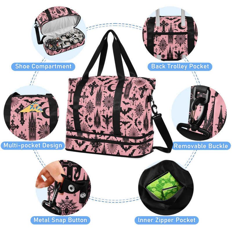 Travel Duffel Tote Bag Black Gothic Moon Spider Webs and Bats Sports Duffel Bag with Wet Pocket Weekender Overnight Bag for Women Men Gym Bag, Carry On Bag Hospital Bag for Labor and Delivery Bats I8897