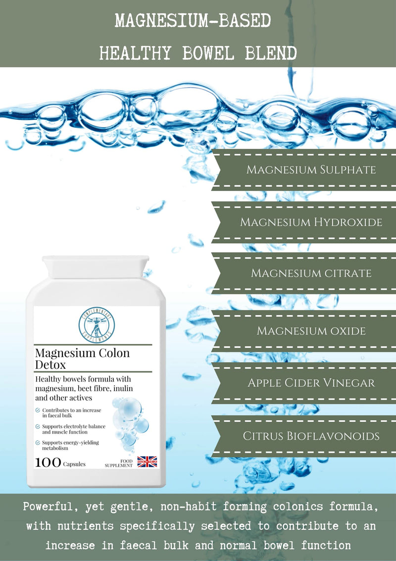 Magnesium Colon Detox – 4 Magnesium Types, Prebiotic Fibre, ACV & Vitamin C – Gentle Daily Digestive Support – Vegan, 100 Capsules