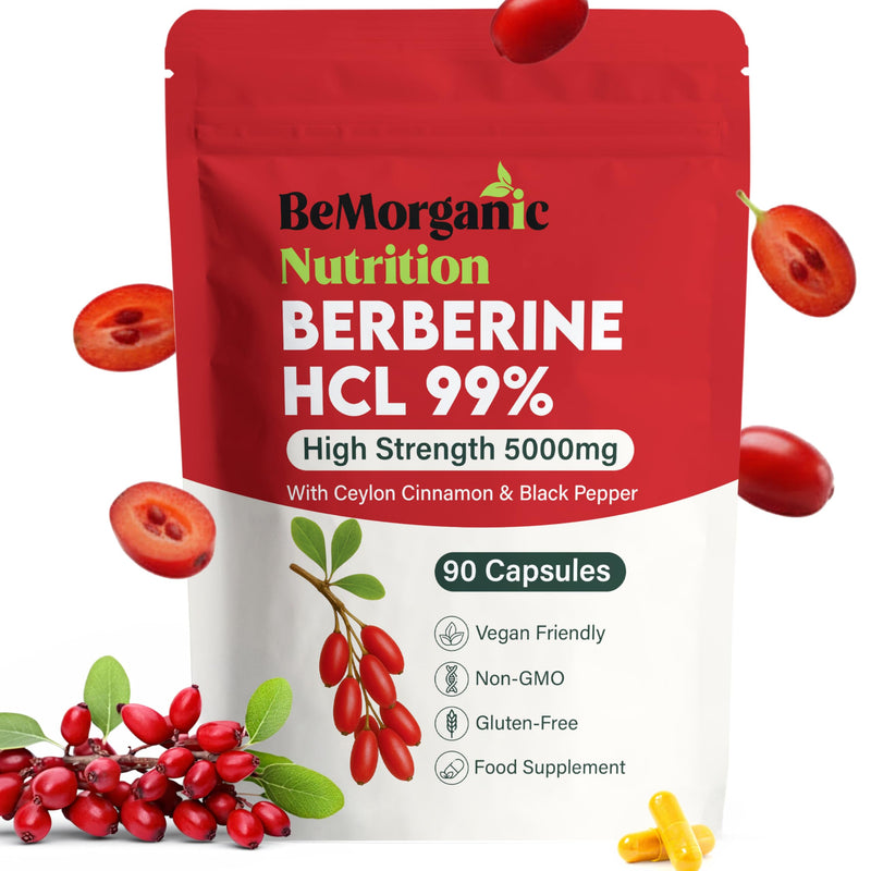 Berberine HCL 5000mg High Strength Complex, 99% Pure Berberine HCL with Ceylon Cinnamon and Black Pepper, 90 Vegan One Per Day Capsules (3 Month Supply)