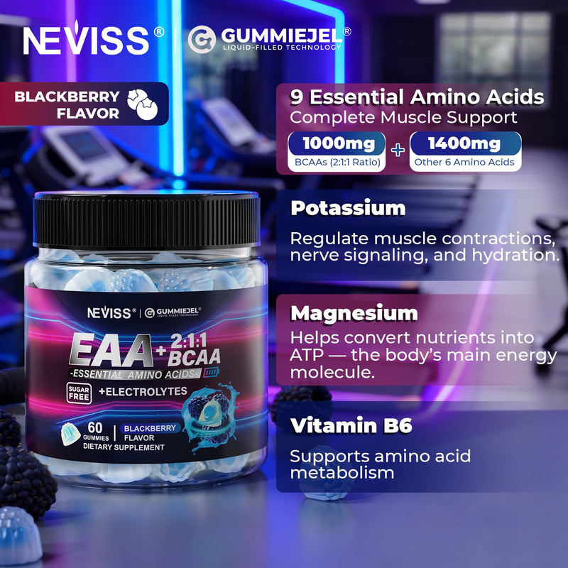 Essential Amino Acids Supplements EAA BCAAs Gummies Sugar Free, Vegan 120ct | EAAs Nutritional Gummy w/ Electrolyte Hydration, Branched Chain Amino Acids Supplement for Women Men, Black Raspberry Flavor 60 Count (Pack of 2)