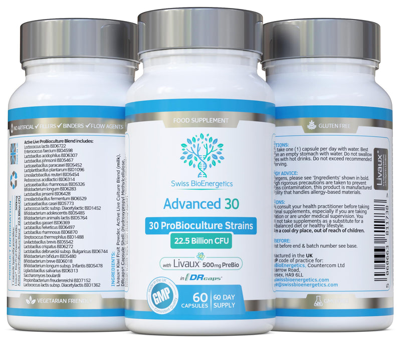 Bio Cultures Complex Probiotics & Prebiotics — 30 Strains, 22.5 Billion CFU, Live Bacteria — Gut Health Digestive Supplement with Prebiotics — Delayed Release Capsules, 60 Day Supply — UK Made