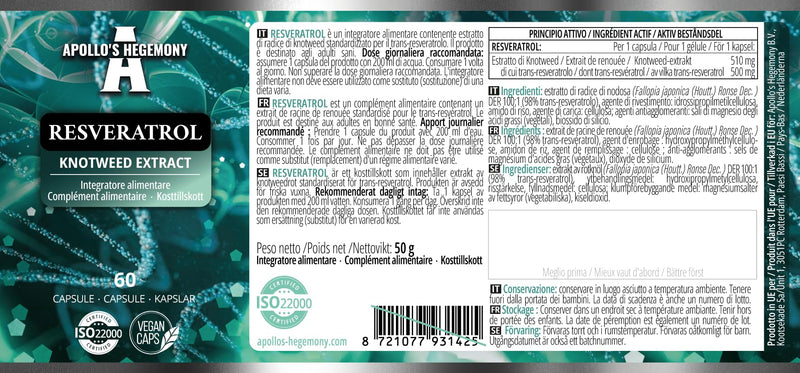 [Australia] - Resveratrol High Dose 400 mg - 60 vegan capsules - 2 month supply - 98% trans-resveratrol from Japanese knotweed extract - natural antioxidant - from Apollo's Hegemony Resveratrol 