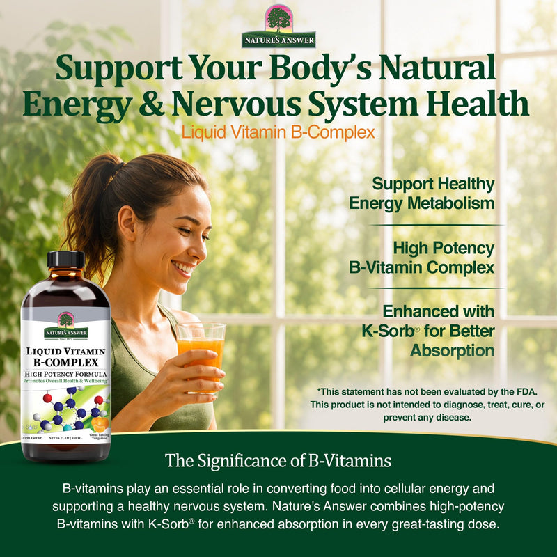 Nature's Answer Liquid Vitamin B-Complex Supports Healthy Energy Levels | Promotes Healthy Nerve Function | All-Natural Tangerine Flavor | Gluten-Free & Benzoate-Free 16oz | High Potency Formula, Supports Healthy Energy Levels, All-Natural Tangerine Fl...
