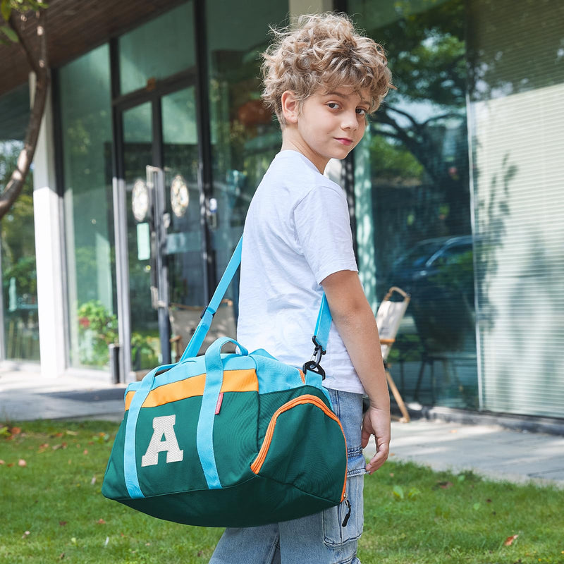 Initial Kids Duffle Bag for Boys or Girls, Kids Overnight Bag with Shoe Compartment, Personalized Weekender bags, Birthday Gifts for Women Boys Girls(Green Blue-Letter E) Green Blue