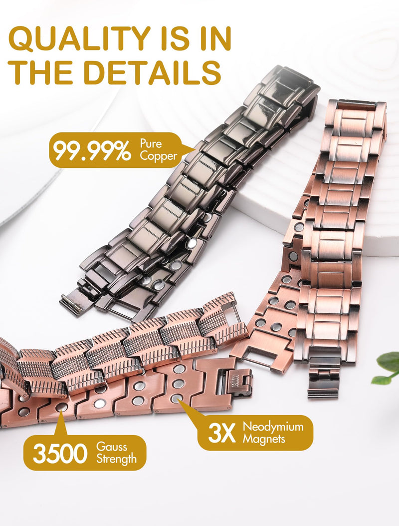 Feraco Copper Bracelet for Men, 3X Ultra Strength Magnetic Bracelets, 99.99% Pure Copper with 3500 Gauss Neodymium Magnets, Adjustable Classic Copper