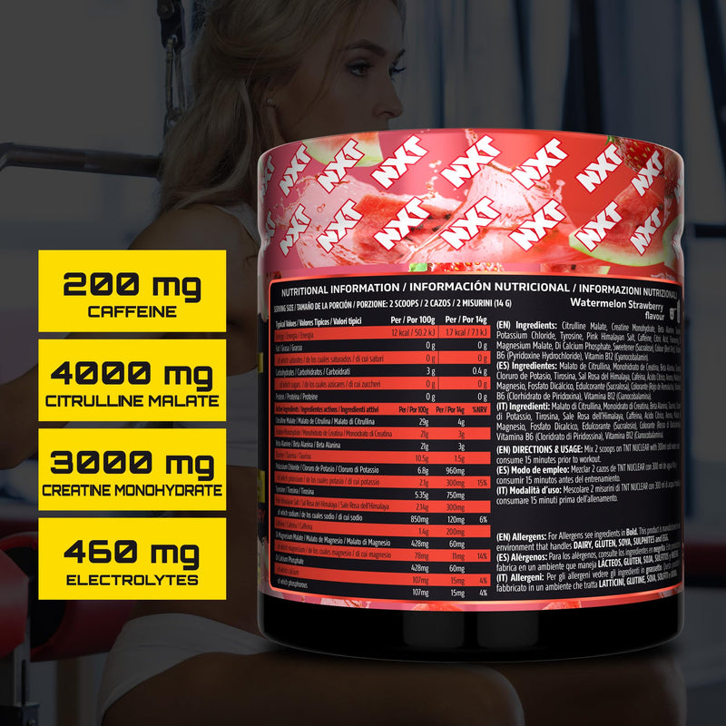 NXT Nutrition TNT Nuclear Pre-Workout, 200mg Caffeine, 4g Citrulline Malate, 3g Creatine, 3g Beta-Alanine, 30 Servings, 420g, Energy and Endurance (Watermelon Strawberry) Watermelon Strawberry