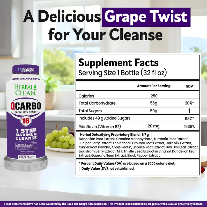 Herbal Clean Qcarbo16 Same-Day Detox Cleanse Drink (16 fl oz) - Grape Flavor Full Body Cleanse* Detox Drink for Moderate Toxin Level*, Vitamin B2 and Vitamin B12 for Men & Women 16 Fl Oz (Pack of 1)