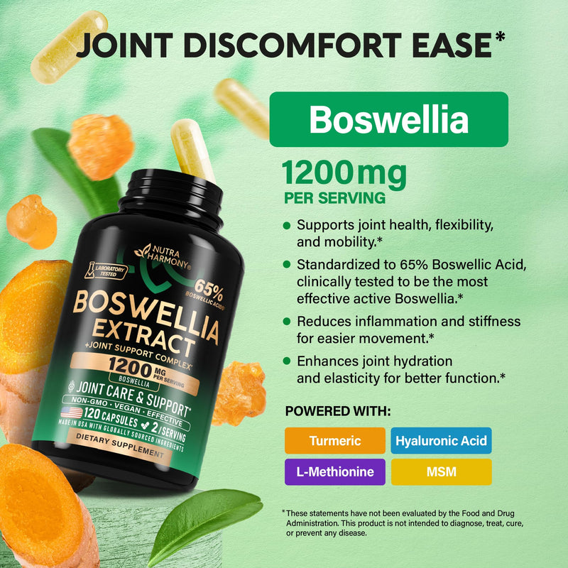 [Australia] - Boswellia 1200mg - Boswellia Extract | Turmeric | Hyaluronic Acid | MSM | Same - Joint Health & Comfort - Boswellia Serrata | 65% Boswellic Acid - for Men & Women - Made in USA - 120 Capsules 120 Count (Pack of 1) 